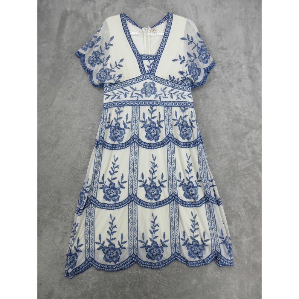 Reba Dress Womens Size 16 Embroidered Floral Mesh Overlay Scalloped Boho Midi